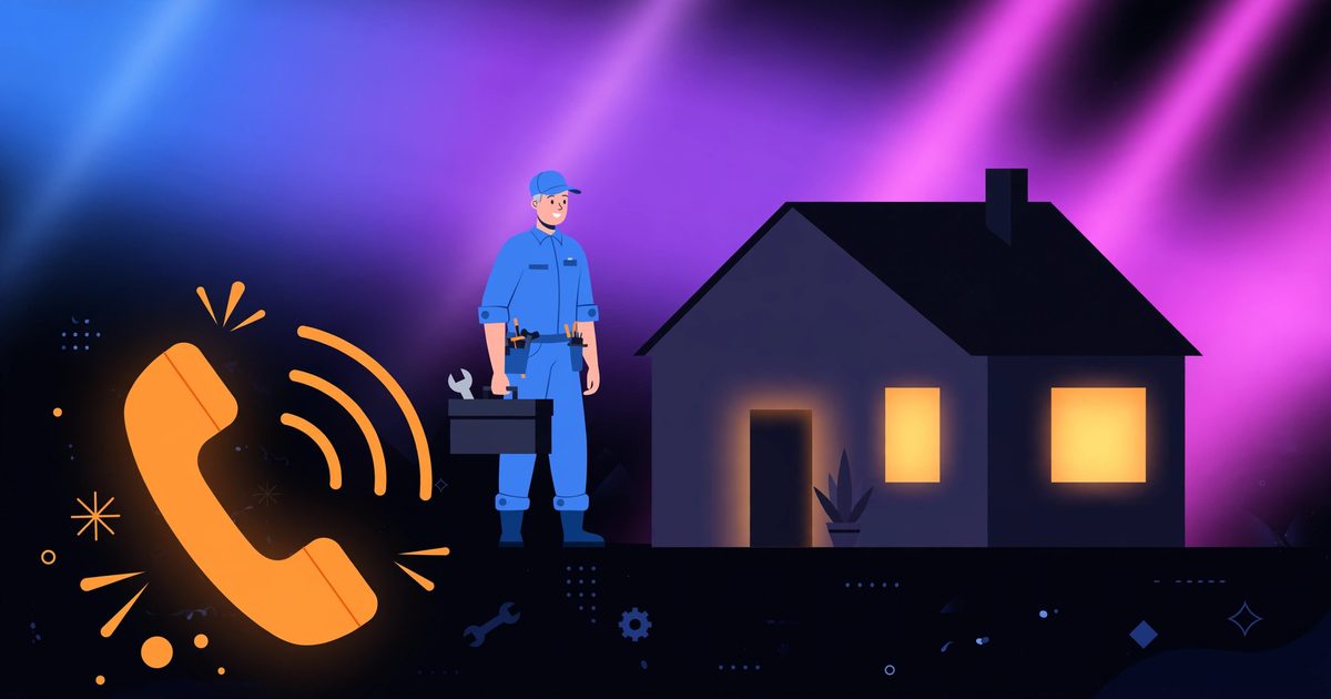 A home service technician in bold blue beside a house with glowing windows and a large orange ringing phone, in blue, violet, and fuchsia gradient light