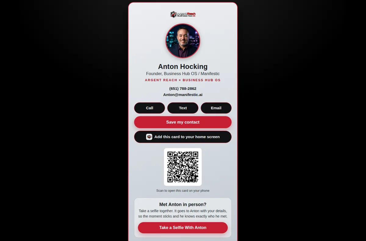 Anton Hocking digital business card with on-page QR code and take-a-selfie button